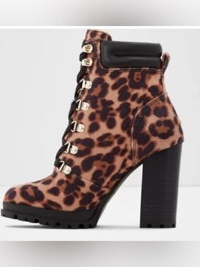 Aldo Leopard Print Cow Hide Lace-Up Combat Lug Sole High Heel Ankle Boots Sz 8.5